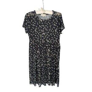 no comment Sz L Junior's Black Floral Sheer Mesh Short Sleeve Babydoll Dress